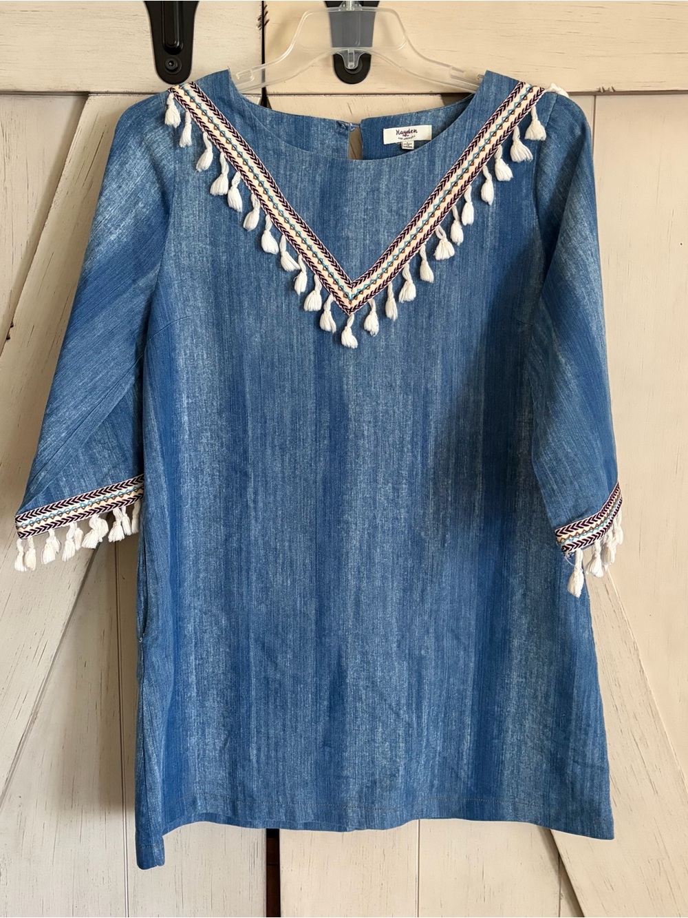 Hayden LA Boho Denim Chambray Tassel Mini Dress Size Large